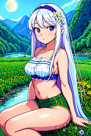 (masterpiece, top quality), one girl with long white hair sitting in a field of green plants and flowers, warm moonlight, blurry foreground, loli, river bank, bra shorts, odd eyes