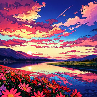 There is a beautiful sunset, the hillside is covered with flowers and plants, the flowers are up close, the colorful sky, the surreal colors, the colorful sunsets, the colorful sky, the marvelous sky reflection, the amazing sky, the fantastic atmosphere 8K, the colorful clouds, the color reflection on the lake, the surreal sky, the red and blue reflection, the fire reflection, the beautiful sky, the beautiful and spectacular dusk, the beautiful dream landscape, the amazing sky
