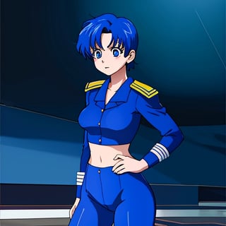 (masterpiece), (best quality), realistic, cinematic light, Mizuno Ami, Sailor Mercury, stand, battlefield background, perfect body, blue hair, uniform,animeTWO