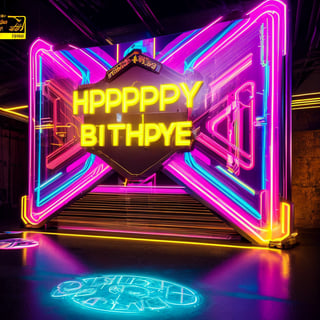 birthday sign, colorful, vibrant, 3d render, intricate details, metallic text, glowing neon lights, glossy surface, modern design, artistic typography, party celebration, festive atmosphere, photorealistic, high resolution, 8k, best quality, hyperdetailed