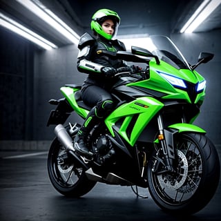 Highest image quality, outstanding details, ultra-high resolution, (realism: 1.4), the best illustration, favor details, highly condensed 1girl, with a delicate and beautiful face, dressed in a black and green mecha, wearing a mecha helmet, holding a directional controller, riding on a motorcycle, the background is a high-tech lighting scene of the future city. surreal illustration, surreal rendering, clean digital rendering, photo realistic rendering, surreal illustration,REALISTIC