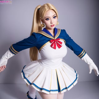 Close up, 1 girl, sailor, Tsukino Usagi, (sailor chiseki uniform:1.2), (aqua eyes:0.9), blonde hair, medium hair, wedge skirt, best quality, earrings, masterpiece, high resolution, intricate details, (realistic)), photography, (white elbow gloves:1.1), jewelry, medium breasts, full body, dynamic background, dynamic pose, white