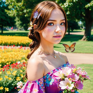 masterpice, (best quality), ((best detailed)), depth of field, a beautiful girl, beautiful face, nature, spirit, blossom, colorful landscape, flowers, butterflys, glowing dress, elements,girl,Masterpiece