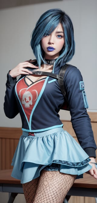 gracedecker, two toned dyed blue hair, exercise jacket, frilled skirt, skull symbol,( t-shirt:1.2),, studded choker, punk, realhands, goth, ( torn fishnet stockings:0.7), sultry, college classroom, desk