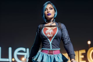  beautiful and aesthetic, high contrast, bokeh:1.2, cinematic lighting, ambient lighting, sidelighting, cinematic shot, gracedecker, two toned dyed blue hair, exercise jacket, frilled skirt, skull symbol,( t-shirt),, studded choker, confident, smug, bored, , punk, realhands, goth, photoshop, cl