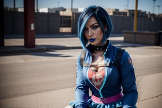  beautiful and aesthetic, high contrast, bokeh:1.2, cinematic lighting, ambient lighting, sidelighting, cinematic shot, gracedecker, two toned dyed blue hair, exercise jacket, frilled skirt, skull symbol,( t-shirt),, studded choker, shy, bored, , punk, realhands, goth, sitting at college, hand on head