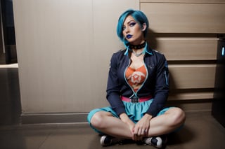 beautiful and aesthetic, high contrast, bokeh:1.2, lens flare, cinematic lighting, ambient lighting, sidelighting, cinematic shot, gracedecker, two toned dyed blue hair, exercise jacket, frilled skirt, skull symbol,( t-shirt), ( torn fishnet leggings:0.5), studded choker, sitting on the ground in a corner, sad, bored, , punk, airpods, realhands, goth, raining