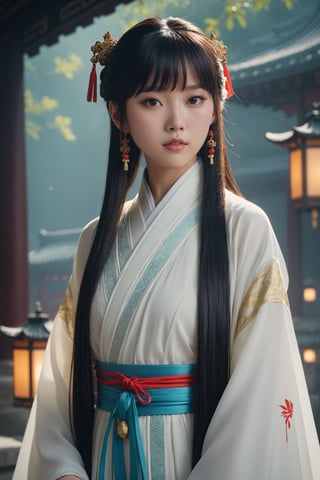 movie screencap of a petite chinese superstar wearing white hanfu, (medium shot), 
detailed realistic body, realistic skin textures, straight bangs long hair, 

high quality, 8k, (detailed realistic materials), (extremely detailed background), perfect lighting, (vivid colors), (cinematic contrast), volumetric fogs