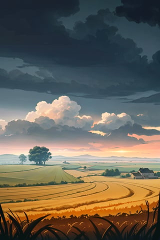 Scenery photo of rural fields, summer, cloudy sky, (very detailed CG unity 8K wallpaper), best quality, cinematic lighting, detailed background, (very detailed and beautiful), super detailed, masterpiece, high resolution, super detailed,