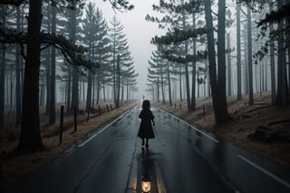 The highest quality, rich details, masterpiece, dark forest, eerie atmosphere, a little girl walking alone on the road, holding a kerosene lamp, the foggy road can't see the end, and there are many corpses and skeletons around.,perfecteyes,e style thriller poster