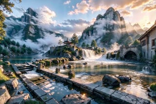 (8k, best quality, top: 1.1​​), (((Ancient Yard))), ((Mountain White Cloud)), built on top of the clouds, monks, morning glow, sunrise, background, flowing water and the details below element.