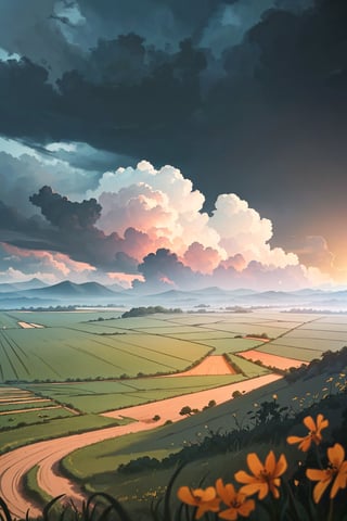 Scenery photo of rural fields, summer, cloudy sky, (very detailed CG unity 8K wallpaper), best quality, cinematic lighting, detailed background, (very detailed and beautiful), super detailed, masterpiece, high resolution, super detailed,