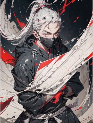 Ultra-rare card style, 1 ninja male, solo, bright red eyes, black ninja clothes, fully covered face, glitter silver perimeter, fully red-white glitter background effect, detailed glittering effect, r1ge, aura background, dark,r1ge