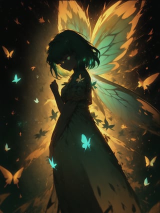 1 fairy girl, ornamented long green hair, bright golden eyes, green leaf style clothes with golden filigree decoration, glittering cosmo style butterfly wings, minimalistic background, r1ge, dark , close-up, center position,	 SILHOUETTE LIGHT PARTICLES