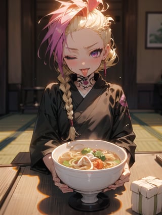 (1 yakuza girl::1.3, short blonde cornrow braids with shaved sides::1.2, bright magenta eyes, punk old style clothes, yakuza tattoos style, crazy character, child behavior, drunk mood, tongue out, one eye closed), taking a selfie::1.4, sitting down, (inisde small japanese restaurant location, small wooden tables and chair, noodles soup on table, small bonsai decoration) night time, masterpiece, insane quality, detailed enviroment location, detailed shadows effect, close-up upper body