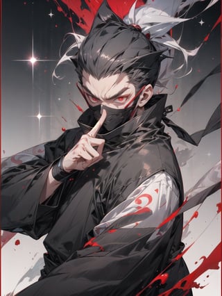 Ultra-rare card style, 1 ninja male, solo, bright red eyes, black ninja clothes, fully covered face, glitter silver perimeter, fully red-white glitter background effect,r1ge