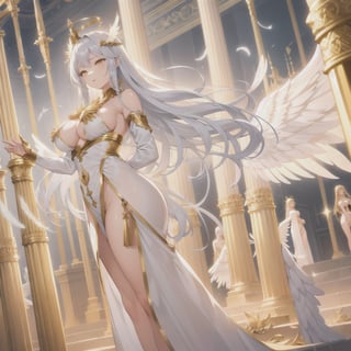 sexy goddess of angels, perfect body, large breasts, divine clothes, double large wings, long silver ornamented hair, golden eyes, golden crown, divine temple, hands against a pillar falling angel feathers