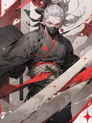 Ultra-rare card style, 1 ninja male, solo, bright red eyes, black ninja clothes, fully covered face, glitter silver perimeter, fully red-white glitter background effect,
