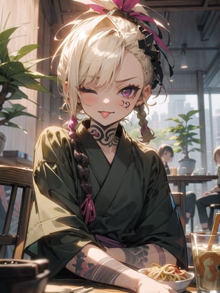 (1 yakuza girl::1.3, short blonde cornrow braids with shaved sides::1.2, bright magenta eyes, punk old style clothes, yakuza tattoos style, crazy character, child behavior, drunk mood, tongue out, one eye closed), taking a selfie, sitting down, (inisde small japanese restaurant location, small wooden tables and chair, noodles soup on table, small bonsai decoration) night time, masterpiece, insane quality, detailed enviroment location, detailed shadows effect, close-up upper body, yakuza members sitting near, party enviroment