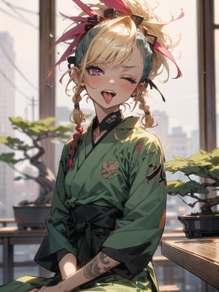 (1 yakuza girl::1.3, short blonde cornrow braids with shaved sides::1.2, bright magenta eyes, punk old style clothes, yakuza tattoos style, crazy character, child behavior, drunk mood, tongue out, one eye closed), taking a selfie::1.4, sitting down, (inisde small japanese restaurant location, small wooden tables and chair, noodles soup on table, small bonsai decoration) night time, masterpiece, insane quality, detailed enviroment location, detailed shadows effect, close-up upper body, yakuza members sitting near, party enviroment