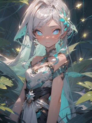 1 enchanting girl, fantasy world, cyan Luminous eyes, long silver starry hair, magical gown. Twin moons, ethereal creatures::1,2, glowing flora. Firefly aura, tranquil waterfall, close-up upper body
