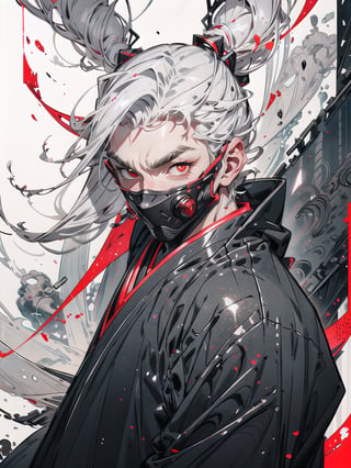 Glittering Portrait, 1 foggy ninja male style, solo, bright red eyes, black ninja clothes, fully covered face, glitter silver perimeter, fully red-white glitter background effect, detailed glittering effect, r1ge, strong aura, close-up upper body