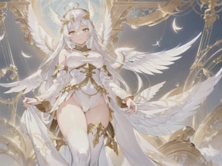 (sexy goddess of angels, perfect body, large breasts, silk-white-clothes, golden-ornamented-clothes, long double-wings::1.1, long silver ornamented hair, golden eyes, golden ornamented crown, luminescent presence) divine temple, taking a walk, falling angel feathers::1.1