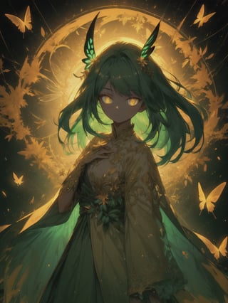 1 fairy girl, ornamented long green hair, bright golden eyes, green leaf style clothes with golden filigree decoration, glittering cosmo style butterfly wings, minimalistic background, r1ge, close-up, center position,	 SILHOUETTE LIGHT PARTICLES