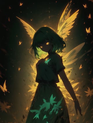 1 fairy girl, ornamented long green hair, bright golden eyes, green leaf style clothes with golden filigree decoration, glittering cosmo style butterfly wings, minimalistic background, r1ge, dark , close-up, center position,	 SILHOUETTE LIGHT PARTICLES