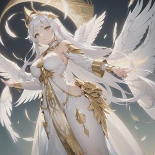 (sexy goddess of angels, perfect body, large breasts, long silk-white-clothes, golden-ornamented-clothes, long double-wings::1.1, long silver ornamented hair, golden eyes, golden ornamented crown, luminescent presence) divine temple, taking a walk, falling angel feathers::1.1, falling petals::1.1