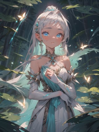 1 enchanting girl, fantasy world, cyan Luminous eyes, long silver starry hair, magical gown. Twin moons, ethereal creatures::1,2, glowing flora. Firefly aura, tranquil waterfall, close-up upper body
