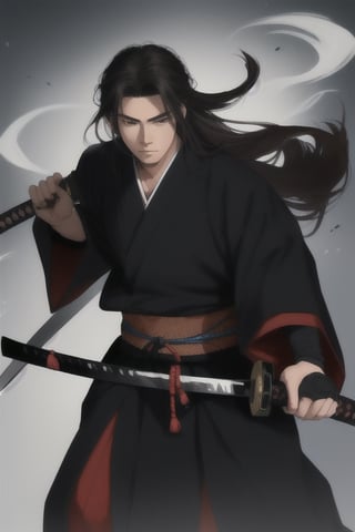 pretty man with 25 years with a big glowing black katana sword samurai
 with ancient japanese red and black robe samurai
long hair. 
no left hand

