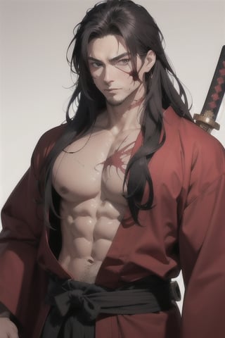 pretty man with 25 years with a big glowing black katana sword samurai
 with ancient japanese red robe samurai
long hair. 
nasty scars on chest and face