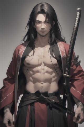 pretty man with 25 years with a big glowing black katana sword samurai
 with ancient japanese red robe samurai
long hair. 
nasty scars on chest from katana fight
