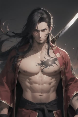 pretty man with 25 years with a big glowing black katana sword samurai
 with ancient japanese red robe samurai
long hair. 
nasty scars on chest from katana fight
