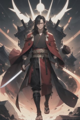 man with 25 years with a big glowing black katana sword samurai
 with ancient japanese red robe samurai
long hair. 
many battle scars on body