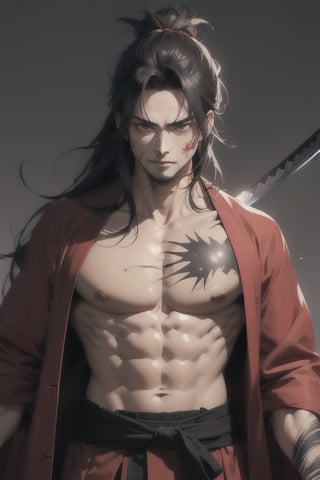 pretty man with 25 years with a big glowing black katana sword samurai
 with ancient japanese red robe samurai
long hair. 
nasty scars on chest from katana fight