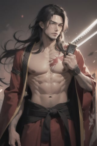 pretty man with 25 years with a big glowing black katana sword samurai
 with ancient japanese red robe samurai
long hair. 
nasty scars on chest from katana fight