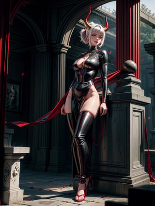 A woman, wearing black wick costume with parts in red + red metallic armor, gigantic breasts, white hair, hair with green lock, very short hair, hair stuck, horns on the head, bangs in front of the eyes, looking at the viewer, (((erotic pose interacting and leaning on an object))), in an ancient tomb, large altars, coffins, large structures, window showing the cemetery with mist and at night,  ((full body):1.5). 16k, UHD, best possible quality, ((best possible detail):1), best possible resolution, Unreal Engine 5, professional photography, perfect_hands