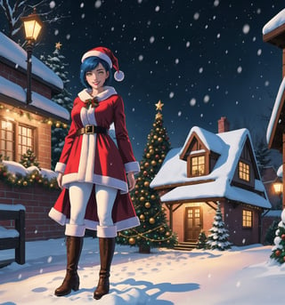 A fantasy, Christmas, horror and macabre masterpiece, rendered in ultra-detailed 8K with realistic and vibrant details. | Noelle, a young 23-year-old woman, is dressed in a Santa Claus costume consisting of a red coat with white details, red pants, black boots and a Santa hat. Her her ((short blue hair)) is styled in a modern and stylish cut, with light effects shining on it. ((She has golden eyes, looking at the viewer while smiling and showing her teeth)), wearing red lipstick. It is located in front of a house made of bricks, at night, during a heavy snowfall. The wooden and brick structures, Christmas tree and gift bag add to the festive and magical atmosphere of the place. The gently falling snow creates an enchanting effect, enhancing the beauty of the scene. | The image highlights Noelle's attractive figure and the architectural elements of the brick house. The wooden and brick structures, together with the Christmas tree and bag of gifts, create a magical and enchanting environment. The gently falling snow enhances the beauty and festive atmosphere of the scene. | Soft, glowing lighting effects create a magical, enchanting atmosphere, while detailed textures on clothing, hair, and structures add realism to the image. | A stunning scene of a young woman dressed as Santa Claus in front of a brick house during a heavy snowfall, exploring themes of fantasy, Christmas, horror and the macabre. | (((The image reveals a full-body shot as Noelle assumes a sensual pose, engagingly leaning against a structure within the scene in an exciting manner. She takes on a sensual pose as she interacts, boldly leaning on a structure, leaning back and boldly throwing herself onto the structure, reclining back in an exhilarating way.))). | ((((full-body shot)))), ((perfect pose)), ((perfect arms):1.2), ((perfect limbs, perfect fingers, better hands, perfect hands, hands)), ((perfect legs, perfect feet):1.2), ((huge breasts)), ((perfect design)), ((perfect composition)), ((very detailed scene, very detailed background, perfect layout, correct imperfections)), Enhance, Ultra details++, More Detail, poakl