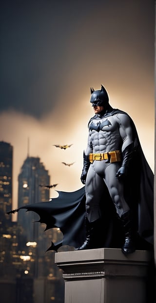 Nighttime masterpiece in 4K resolution, capturing the essence of Gotham City and its legendary protector. | Batman, imposing and silent, observes Gotham City from the top of a skyscraper at night. Dressed in his iconic costume, he is standing in a vigilant stance, looking out into the horizon with the Gothic city in front of him. The city, shrouded in shadows, is illuminated only by the illuminated signs on the buildings and the dim street lights. | Gotham's Bat maintains his stance, standing out against the night sky. The city's tall buildings and architectural details add a dark, urban atmosphere to the scene. Batman's distinctive sign projects his emblem into the sky, revealing the hero's presence. | The style adopted is a balance between Batman's classic heroism and the dark atmosphere of Gotham. Night lighting creates dramatic contrasts, highlighting the Bat in the darkness of the city. | {The camera is positioned very close to him, revealing his entire body as he adopts a dynamic_pose, interacting with and leaning on a structure in the scene in an exciting way.} | He is adopting a (((dynamic_pose as interacts, boldly leaning on a structure, leaning back in an exciting way))), ((dynamic_pose):1.3), (((full body image))), ((perfect_body, perfect_pose )), ((perfect_fingers, perfect_hands)), better_hands, ((More Detail))