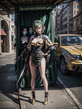 {((1woman))}, {only she is (((black modern medieval armor with small golden parts extremely small and tight on the body, medieval sword in the sheath fastened at the waist)), only she has ((giant breasts)), (((very short green hair, blue eyes)), ((staring at the viewer, smiling, expression of desire)), ((fighting pose)}, {((in city of King Arthur's time, with multiple people,  product sales fair))}, ((full body):1.5), 16k, best quality, best resolution, best sharpness,