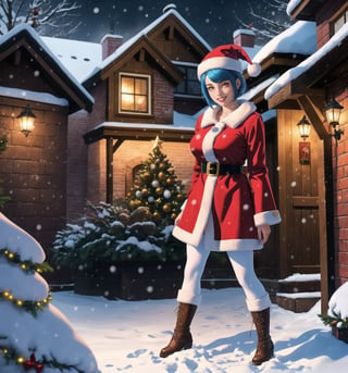 A fantasy, Christmas, horror and macabre masterpiece, rendered in ultra-detailed 8K with realistic and vibrant details. | Noelle, a young 23-year-old woman, is dressed in a Santa Claus costume consisting of a red coat with white details, red pants, black boots and a Santa hat. Her her ((short blue hair)) is styled in a modern and stylish cut, with light effects shining on it. ((She has golden eyes, looking at the viewer while smiling and showing her teeth)), wearing red lipstick. It is located in front of a house made of bricks, at night, during a heavy snowfall. The wooden and brick structures, Christmas tree and gift bag add to the festive and magical atmosphere of the place. The gently falling snow creates an enchanting effect, enhancing the beauty of the scene. | The image highlights Noelle's attractive figure and the architectural elements of the brick house. The wooden and brick structures, together with the Christmas tree and bag of gifts, create a magical and enchanting environment. The gently falling snow enhances the beauty and festive atmosphere of the scene. | Soft, glowing lighting effects create a magical, enchanting atmosphere, while detailed textures on clothing, hair, and structures add realism to the image. | A stunning scene of a young woman dressed as Santa Claus in front of a brick house during a heavy snowfall, exploring themes of fantasy, Christmas, horror and the macabre. | (((The image reveals a full-body shot as Noelle assumes a sensual pose, engagingly leaning against a structure within the scene in an exciting manner. She takes on a sensual pose as she interacts, boldly leaning on a structure, leaning back and boldly throwing herself onto the structure, reclining back in an exhilarating way.))). | ((((full-body shot)))), ((perfect pose)), ((perfect arms):1.2), ((perfect limbs, perfect fingers, better hands, perfect hands, hands)), ((perfect legs, perfect feet):1.2), ((huge breasts)), ((perfect design)), ((perfect composition)), ((very detailed scene, very detailed background, perfect layout, correct imperfections)), Enhance, Ultra details++, More Detail, poakl