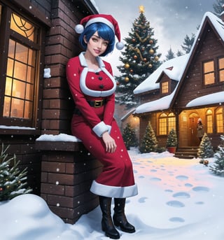 A fantasy, Christmas, horror and macabre masterpiece, rendered in ultra-detailed 8K with realistic and vibrant details. | Noelle, a young 23-year-old woman, is dressed in a Santa Claus costume consisting of a red coat with white details, red pants, black boots and a Santa hat. Her her ((short blue hair)) is styled in a modern and stylish cut, with light effects shining on it. ((She has golden eyes, looking at the viewer while smiling and showing her teeth)), wearing red lipstick. It is located in front of a house made of bricks, at night, during a heavy snowfall. The wooden and brick structures, Christmas tree and gift bag add to the festive and magical atmosphere of the place. The gently falling snow creates an enchanting effect, enhancing the beauty of the scene. | The image highlights Noelle's attractive figure and the architectural elements of the brick house. The wooden and brick structures, together with the Christmas tree and bag of gifts, create a magical and enchanting environment. The gently falling snow enhances the beauty and festive atmosphere of the scene. | Soft, glowing lighting effects create a magical, enchanting atmosphere, while detailed textures on clothing, hair, and structures add realism to the image. | A stunning scene of a young woman dressed as Santa Claus in front of a brick house during a heavy snowfall, exploring themes of fantasy, Christmas, horror and the macabre. | (((The image reveals a full-body shot as Noelle assumes a sensual pose, engagingly leaning against a structure within the scene in an exciting manner. She takes on a sensual pose as she interacts, boldly leaning on a structure, leaning back and boldly throwing herself onto the structure, reclining back in an exhilarating way.))). | ((((full-body shot)))), ((perfect pose)), ((perfect arms):1.2), ((perfect limbs, perfect fingers, better hands, perfect hands, hands)), ((perfect legs, perfect feet):1.2), ((huge breasts)), ((perfect design)), ((perfect composition)), ((very detailed scene, very detailed background, perfect layout, correct imperfections)), Enhance, Ultra details++, More Detail, poakl