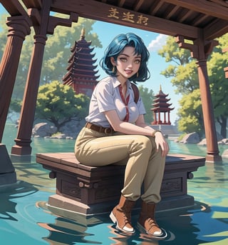 A fantasy-adventure masterpiece, rendered in ultra-detailed 8K with vibrant, realistic details. | Lara, a young 23-year-old woman, is dressed in an adventurer outfit consisting of a beige shirt, brown pants, leather boots, gloves, a belt with pockets and a backpack. Her ((short blue hair)) is styled in a stylish modern cut, with light effects shining on it. ((She has golden eyes, looking at the viewer while smiling and showing her teeth, wearing red lipstick)). It is located in an ancient temple submerged in water, with rock and wooden structures carved with ancient emblems. The altars and sculptures add to the beauty and mystery of the place. The sunlight penetrating the water creates a dazzling effect, enhancing the majesty of the temple. | The image highlights Lara's athletic figure and the architectural elements of the ancient temple. The rock and wooden structures, together with the altars and sculptures, create a mystical and enchanting environment. The sunlight penetrating the water enhances the beauty and majesty of the temple. | Soft, glowing lighting effects create a magical, enchanting atmosphere, while detailed textures on clothing, hair, and structures add realism to the image. | A stunning scene of a young woman in an ancient temple submerged in water, exploring themes of fantasy, adventure and natural beauty. | (((The image reveals a full-body shot as Lara assumes a sensual pose, engagingly leaning against a structure within the scene in an exciting manner. She takes on a sensual pose as she interacts, boldly leaning on a structure, leaning back and boldly throwing herself onto the structure, reclining back in an exhilarating way.))). | ((((full-body shot)))), ((perfect pose)), ((perfect arms):1.2), ((perfect limbs, perfect fingers, better hands, perfect hands, hands)), ((perfect legs, perfect feet):1.2), ((huge breasts)), ((perfect design)), ((perfect composition)), ((very detailed scene, very detailed background, perfect layout, correct imperfections)), Enhance, Ultra details++, More Detail, poakl