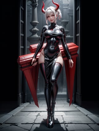 A woman, wearing black wick costume with parts in red + red metallic armor, gigantic breasts, white hair, very short hair, hair stuck, horns on the head, bangs in front of the eyes, looking at the viewer, (((erotic pose interacting and leaning on an object))), in an ancient tomb, with coffins, large altars, large structures, window showing the cemetery with mist and at night, ((full body):1.5). 16k, UHD, best possible quality, ((best possible detail):1), best possible resolution, Unreal Engine 5, professional photography, perfect_hands