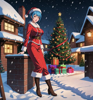 A fantasy, Christmas, horror and macabre masterpiece, rendered in ultra-detailed 8K with realistic and vibrant details. | Noelle, a young 23-year-old woman, is dressed in a Santa Claus costume consisting of a red coat with white details, red pants, black boots and a Santa hat. Her her ((short blue hair)) is styled in a modern and stylish cut, with light effects shining on it. ((She has golden eyes, looking at the viewer while smiling and showing her teeth)), wearing red lipstick. It is located in front of a house made of bricks, at night, during a heavy snowfall. The wooden and brick structures, Christmas tree and gift bag add to the festive and magical atmosphere of the place. The gently falling snow creates an enchanting effect, enhancing the beauty of the scene. | The image highlights Noelle's attractive figure and the architectural elements of the brick house. The wooden and brick structures, together with the Christmas tree and bag of gifts, create a magical and enchanting environment. The gently falling snow enhances the beauty and festive atmosphere of the scene. | Soft, glowing lighting effects create a magical, enchanting atmosphere, while detailed textures on clothing, hair, and structures add realism to the image. | A stunning scene of a young woman dressed as Santa Claus in front of a brick house during a heavy snowfall, exploring themes of fantasy, Christmas, horror and the macabre. | (((The image reveals a full-body shot as Noelle assumes a sensual pose, engagingly leaning against a structure within the scene in an exciting manner. She takes on a sensual pose as she interacts, boldly leaning on a structure, leaning back and boldly throwing herself onto the structure, reclining back in an exhilarating way.))). | ((((full-body shot)))), ((perfect pose)), ((perfect arms):1.2), ((perfect limbs, perfect fingers, better hands, perfect hands, hands)), ((perfect legs, perfect feet):1.2), ((huge breasts)), ((perfect design)), ((perfect composition)), ((very detailed scene, very detailed background, perfect layout, correct imperfections)), Enhance, Ultra details++, More Detail, poakl