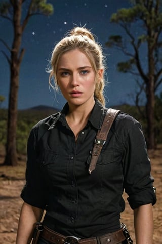 (A Resilient 32-Year-Old Australian Female Outback Survivalist), (Messy Blonde Hair in a Ponytail:1.2), (Observant Green Eyes), (Tanned Skin), (Wearing Black Survivalist Outfit:1.4), (Outback Wilderness at Night:1.2), (Dynamic Pose:1.4), Centered, (Waist-up Shot:1.4), From Front Shot, Insane Details, Intricate Face Detail, Intricate Hand Details, Cinematic Shot and Lighting, Realistic and Vibrant Colors, Masterpiece, Sharp Focus, Ultra Detailed, Incredibly Realistic Environment and Scene, Master Composition and Cinematography, castlevania style,castlevania style