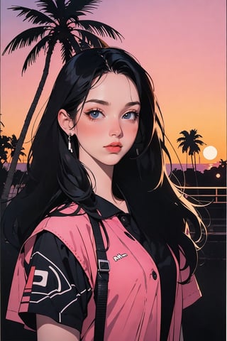 retro girl, Miami, sunset, Ferrari, palm tree, 90's, (flat colors, flat texture, lineart:1.2), graphical design, (heavy ink, ink blacks), 