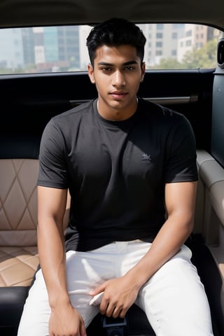 high quality, face portrait photo of 20 y.o Indian boy, handsome face, light skin tone, sitting on mercedes, in a modern city, wearing black shirt, photoshoot, detailed face, skin pores, cinematic shot, dramatic lighting, full car, ((drone shot))